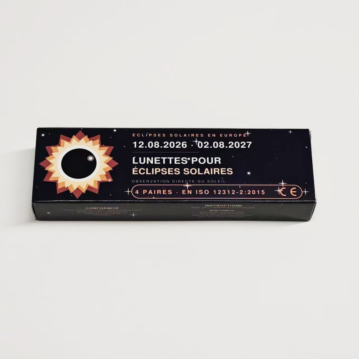 Pack 4 lunettes éclipse certifiées EN ISO 12312-2 - vue face boîte Xythia