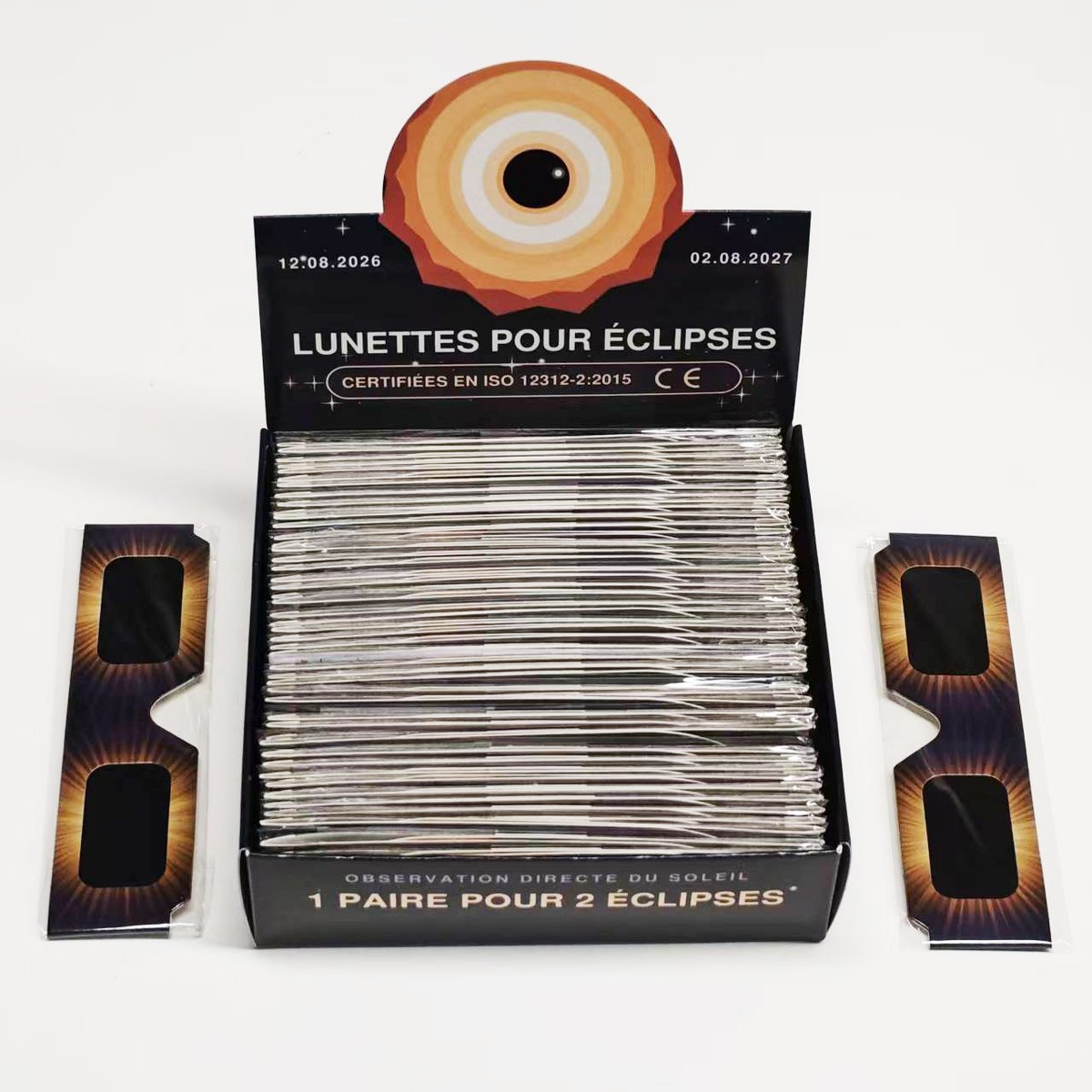 Pack 50 lunettes éclipse ouvert présentoir avec lunettes individuelles